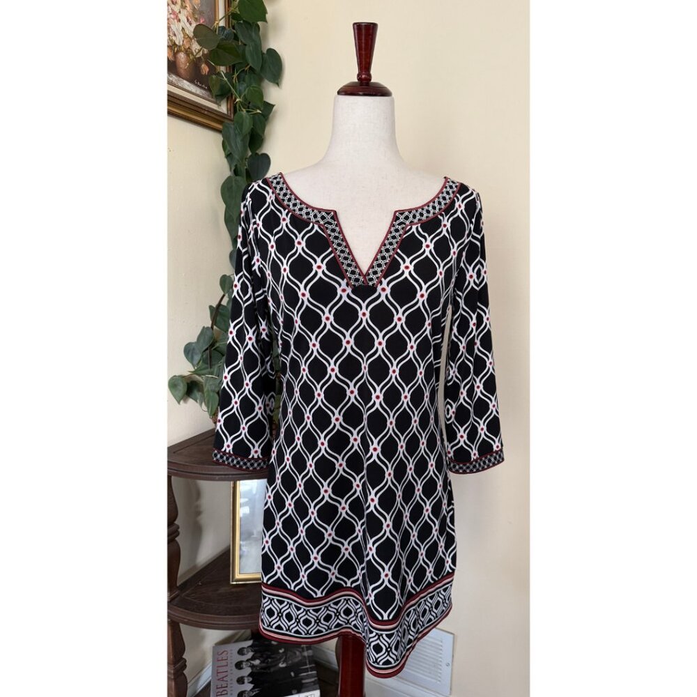 White House Black Market Ethos Print Tunic Top Black White Geometric sz S